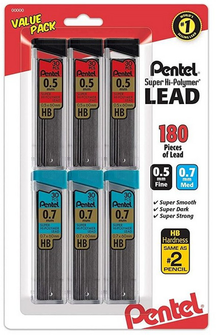Pentel 슈퍼 하이 폴리머 리드 리필 밸류 팩 (0.5mm 및 0.7mm) 미세/중간 라인 HB 6개 심 180개 (C257BPHB6) 372764, 6개(1팩)