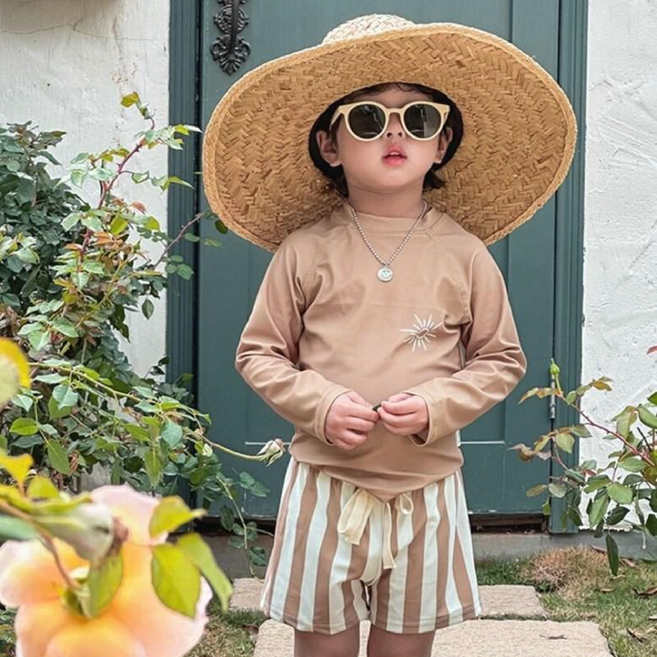 (kc인증)베이지래쉬가드 키즈 유아동 모자세트 남아수영복 남아긴팔수영복 유아수영복반바지