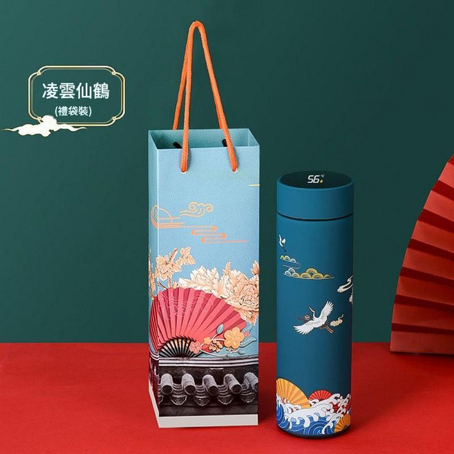 潮東方 創意不鏽鋼智慧顯溫杯 京劇臉譜中國紅, 國潮二代綠色禮袋裝, 1套, 500ml