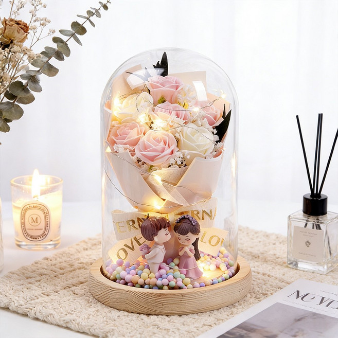 프리저브드 플라워 유리돔 무드등 꽃다발 커플 인형 여자친구 여성 아내 생일 선물, 1개, 핑크+화이트 장미 무드등