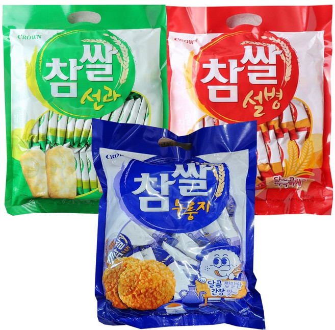 크라운 쌀과자 참쌀누룽지 216g + 참쌀설병 270g + 참쌀선과 253g 사무실 학교 간식 과자 스낵, 1세트, 739g