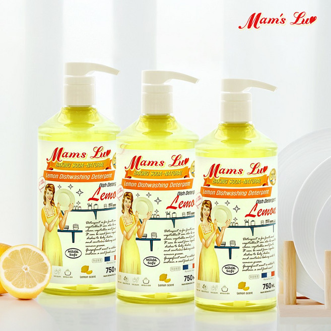 맘스럽 레몬 주방세제 750mlX3개입 천연 레몬향 고농축형 항균인증 피부저자극테스트인증 상큼함이 그대로 야채 과일 세척제 중성세제, 3개, 750ml