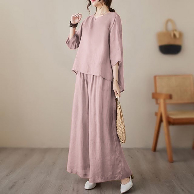 여성 여름 루즈핏 7부 소매 상의 빅사이즈 세트 자수 여름 셔츠 와이드 팬츠 반팔 투피스세트