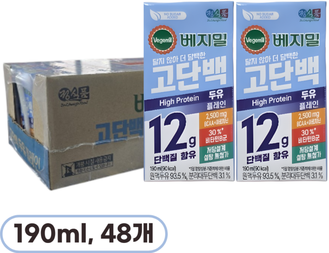 정식품 베지밀 저당 무설탕 고단백 플레인 두유, 48개, 190ml