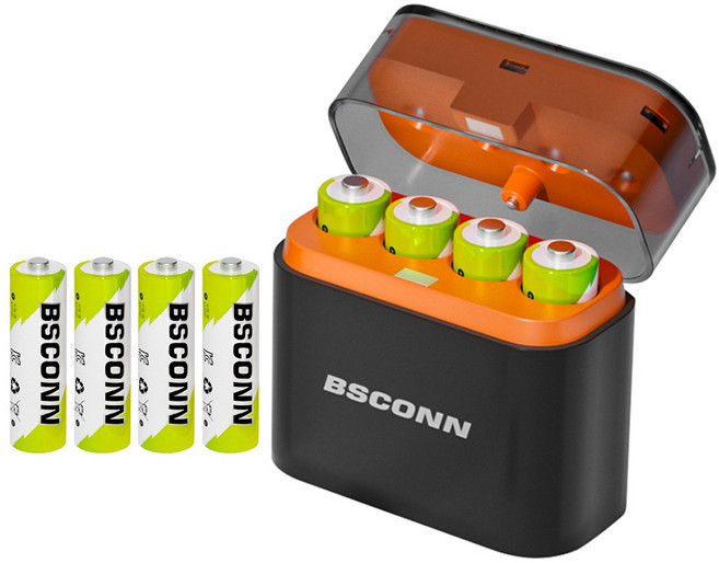 BSCONN 건전지 충전기 케이스 + 3600mWh AA 충전지 4P 장난감용 충전식 리튬이온 배터리 세트, 1세트