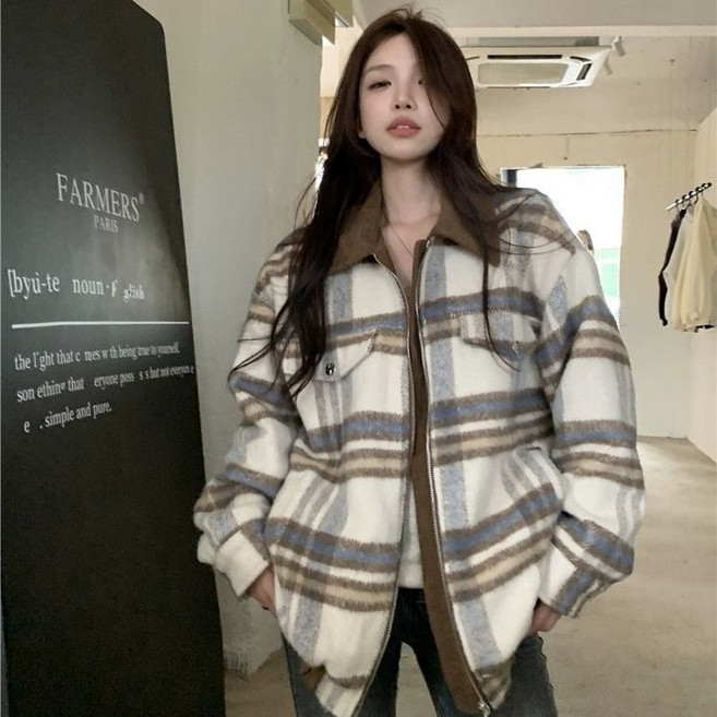 美式毛呢格子外套女，寬松休閑百搭夾克