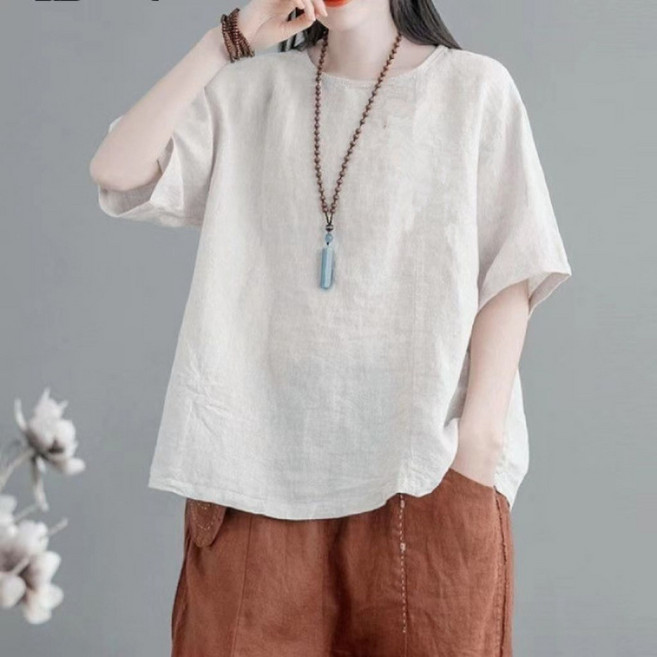 유니픽 여성 여름 마 소재 반팔 탑 심플한 루즈핏 디자인zdy