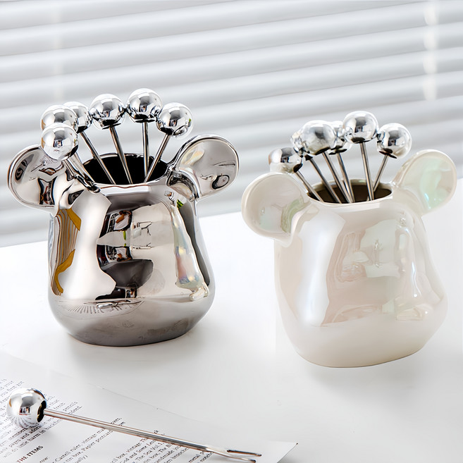 테이블 무드 세라믹 포크 홀더 + 스테인리스 포크 6P 곰머리 선물세트 홈카페 오브제, 화이트, 1개