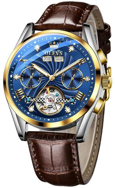 OLEVS 남성용 시계 가죽 스켈레톤 오토매틱 기계식 뚜르비옹 캘린더 문 페이즈 야광 방수 럭셔리 비즈니스 손목 시계 7088: 블루 다이얼 및 브라운 129911