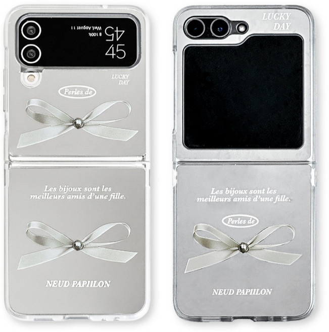 영스피플 화이트 리본 미러 Z플립 호환 케이스 6 5 4 3 하드 귀여운 레터링 거울 디자인