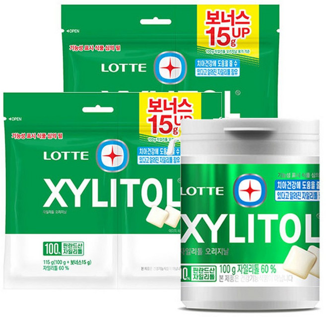 롯데 자일리톨 오리지널 용기 100g+오리지널 트윈리필 115gx2개(총3개), 3개, 100g