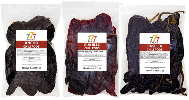 멕시코 고추 3팩 구아히요 안초 및 파시야 각 4온스. 통 말린 고추. 3 Pack Dried Chile Peppers Guajillo Ancho Pasilla, 1개, 113.4g