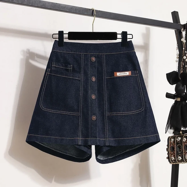 페이준 여성 여름 허리밴딩 데님 4부 스커트 빅사이즈 스판 날씬해 보이는 A라인 스커트 LN5677