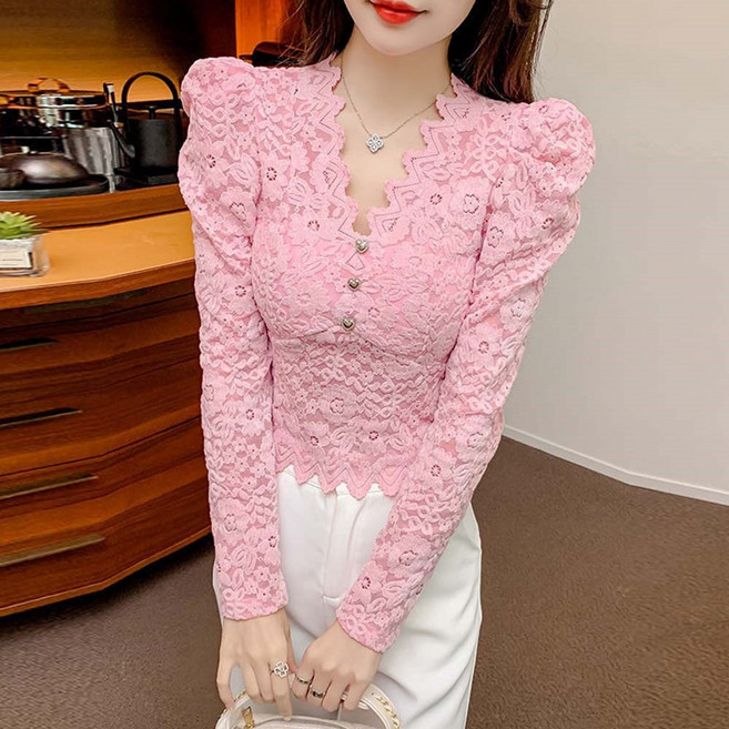 besteffie 레이스 블라우스 여자 여성 봄 가을 슬림핏 레이스 물결무늬 카라 긴소매 셔츠 E36