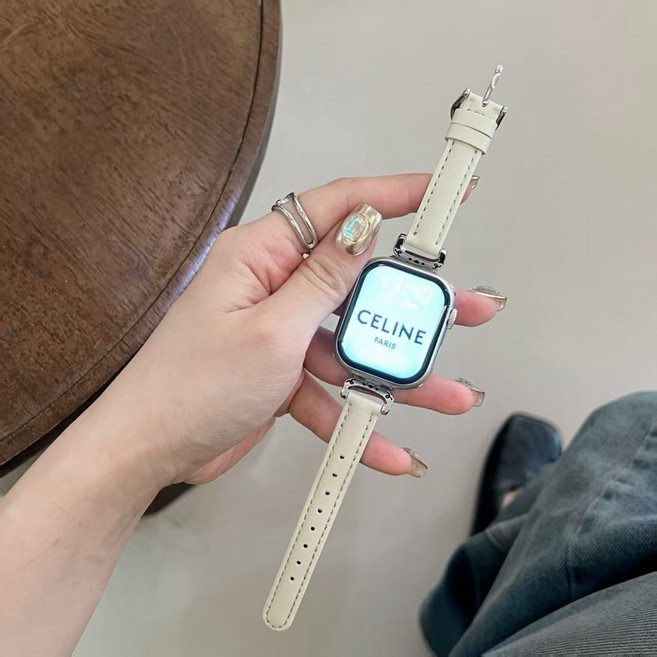 BuGeum 애플워치 스트랩 가죽 슬림 밴드 호환 11 10 9 8 7 6 5 4 3 2 1 SE3 SE2 Ultra2/3, 1개, 흰색