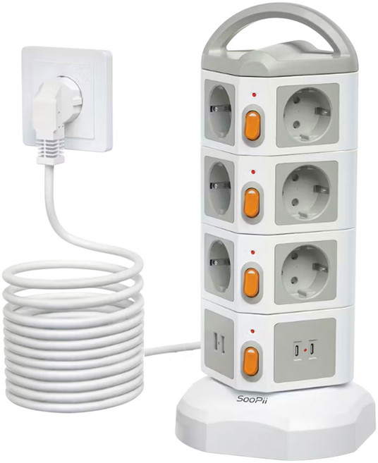 Soopii 4000W고용량 14구 USB 멀티탭 배선차단 캠핑 타워 안전 멀티콘센트 5M TPS14, 1개, 화이트