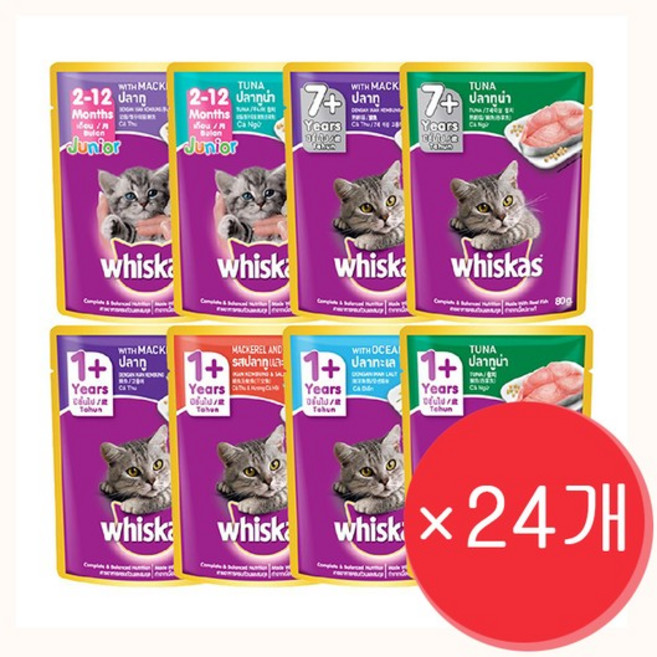 위스카스 고양이 주니어 시니어 파우치 간식 모음 80g x 24개 세트, 시니어 고등어 80g×24개