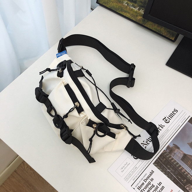 DFMEI 斜挎包潮牌男士百搭休閒胸包工裝簡約腰包情侶單肩斜挎包, 黑白配色不帶掛件