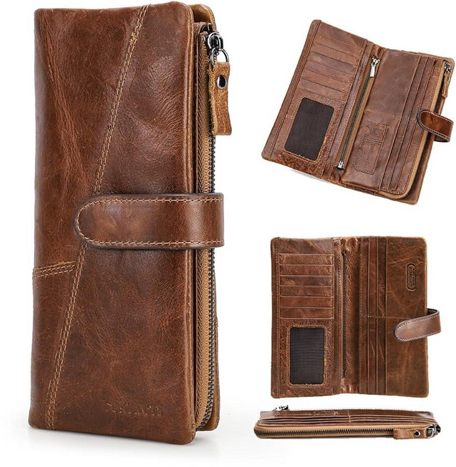 Contacts 남성용 클러치 지갑 가죽 지갑 남성용 긴 지퍼 휴대폰 지갑 카드 홀더 바이폴드 동전 지갑 브라운. 빈티지