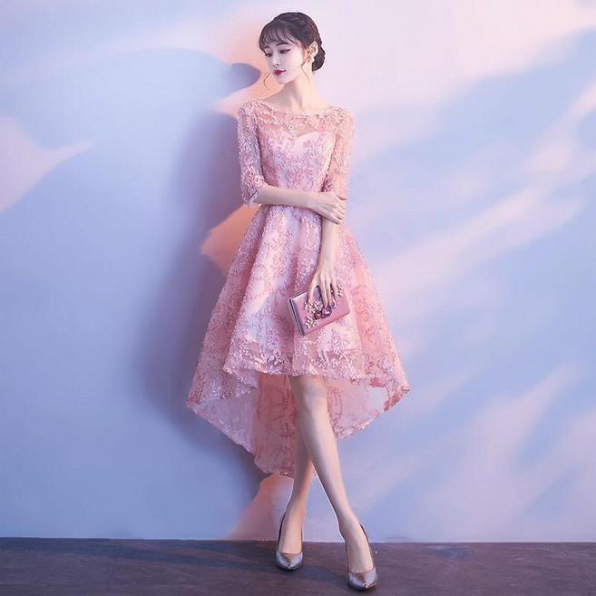晚禮服女夏 新娘敬酒服結婚伴娘連衣裙, 粉色中袖,L