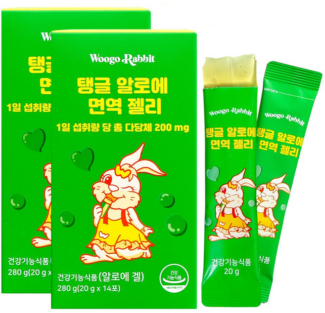 우고래빗 탱글 알로에 겔 이뮨 면역 젤리 스틱, 280g, 2개