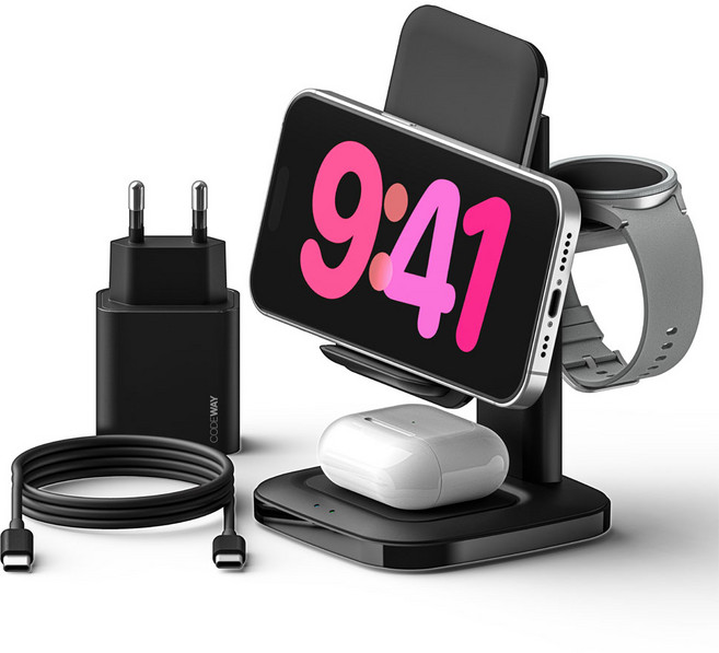 코드웨이 23w 3in1 고속 무선충전기 거치대 애플워치 갤럭시 워치 호환 초고속 충전기 포함, 블랙, 1개