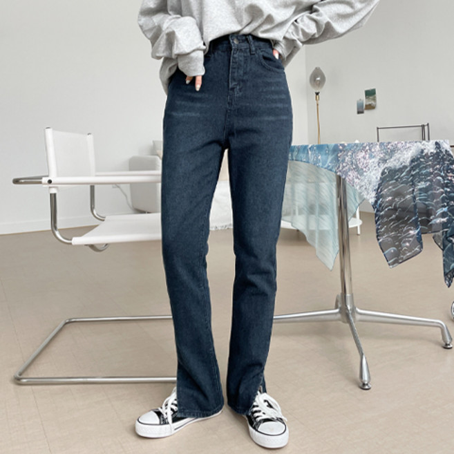 잘빠진 여성용 라이크잇 하이웨스트 슬릿 롱 데님 팬츠