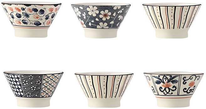 Jin Zhong Tai 굽이 높은 삿갓모양 그릇 6개입 세트 JW003, 스트라이프 체리블라섬, 1개