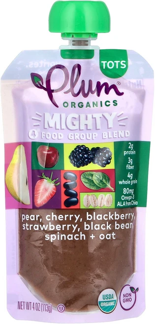 Plum Organics Mighty 4 식품군 혼합물 Tots 배 체리 블랙베리 딸기 검정콩 시금치 및 귀리 113g(4oz) Organics (플럼 오가닉스, 1개, 113g - 쿠팡