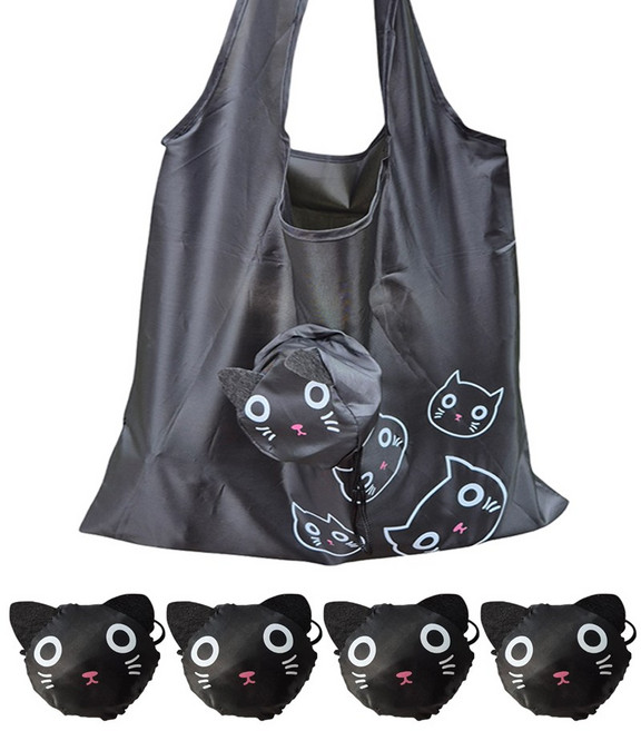 RAROUND 고양이 접이식 장바구니 4개 세트, 1세트, 블랙 고양이