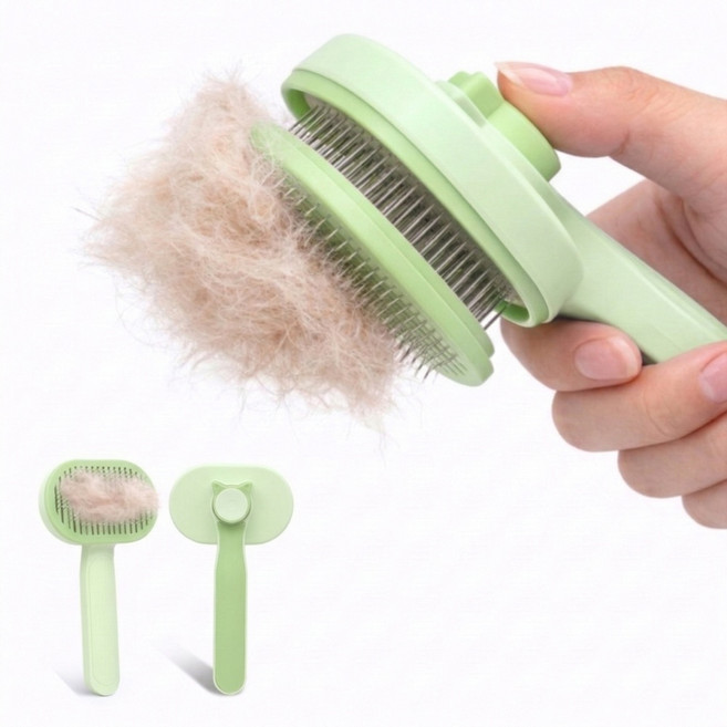뭉클톡톡 반려동물 원터치 브러쉬 강아지 고양이 저자극 빗, 1개, 그린