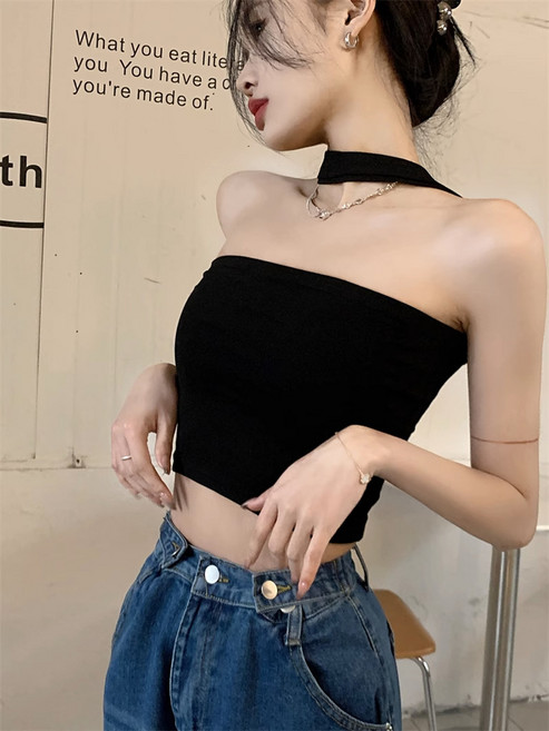 梨卡 女裝 掛脖平口吊帶小可愛 舒適百搭露肩上衣 黑色 綠色
