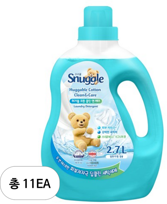 스너글 액체 세탁세제 허거블 코튼 클린 앤 케어 본품, 2.7L, 11개
