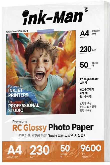 잉크맨 RC용지 고광택 프리미엄 사진 인화지 사진관 전문가용 포토용지 4x6 / 5x7 / A4 / 11R / A3 230g, 50매