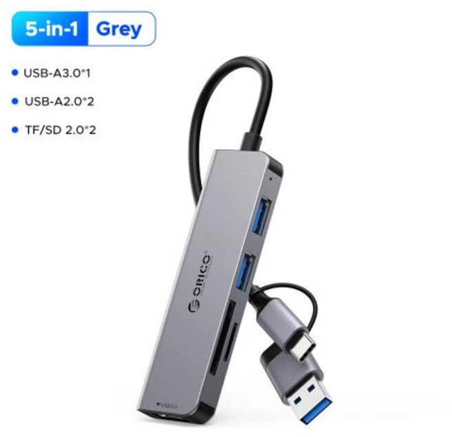 ORICO USB 허브 4-7 포트 USB 유형 C-USB 3.0 허브 분배기 확장 도킹 스테이션 알루미늄 OTG 어댑터 컴퓨터 액세서리, 5-Port USBA 3.0, 1개