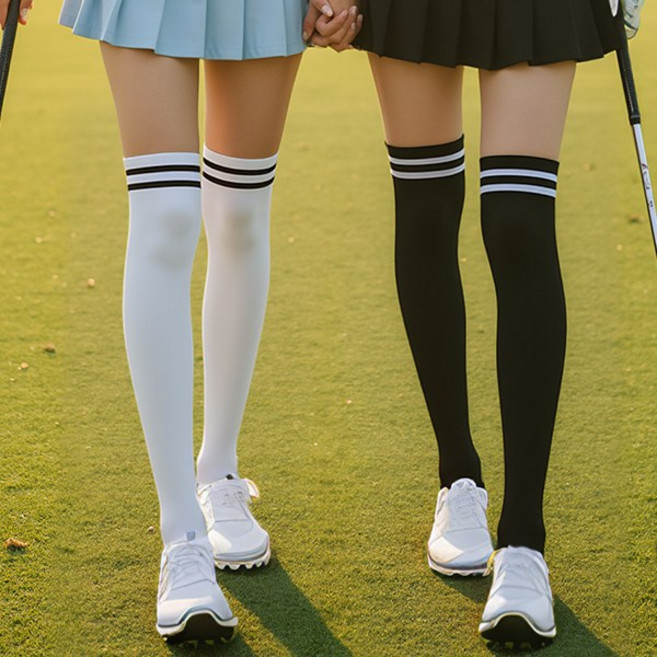 더간다 1+1 스포츠 여성니삭스 골프양말 중목 무릎 삭스 통기성 흡습성 사계절 오버니삭스 2개, 롱 블랙+화이트 1SET