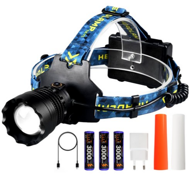 몬스터파워 모션센서 해루질 등산 낚시 충전식 자전거 LED 작업 XHP360 헤드랜턴, BLACK+BLUE, 3개