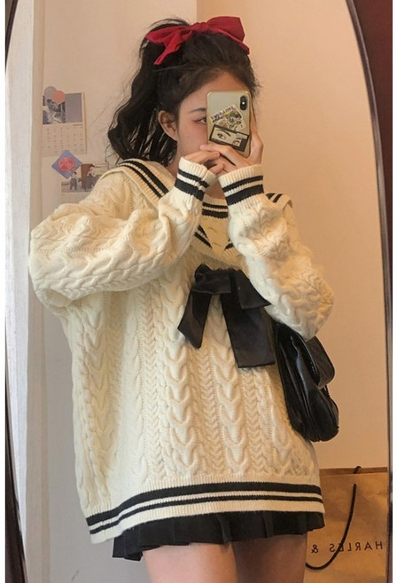 오드아이 세일러 리본 니트 화이트 스웨터 흰색 카라 맨투맨 세라복 마린 일본 학생