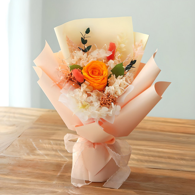 뷰티풀데코센스 생화 프리저브드 LED전구 꽃다발 + 핸들 캐리어, 오렌지, 1세트