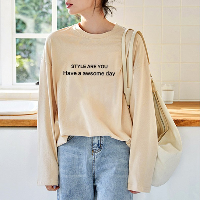 스타일아유 여성용 면 코튼 티 라운드넥 가을 겨울 긴팔 데일리 티셔츠 TS2112