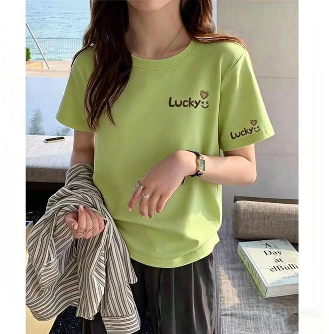 100%純棉 短袖T恤女 字母印花寬鬆上衣 圓領短袖T恤 韓版上衣