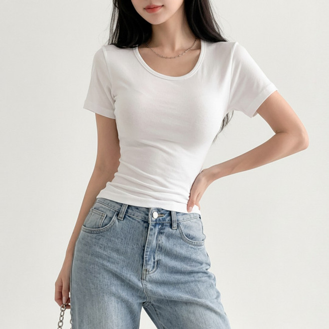 셀리나에스 허리라인 여성반팔티 슬림핏 스판 국내제작