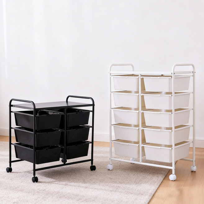 [리비니아] 모닝 미드센츄리 모노 이동형 더블 서랍 트롤리 기저귀보관함 수납함, 3단, 블랙