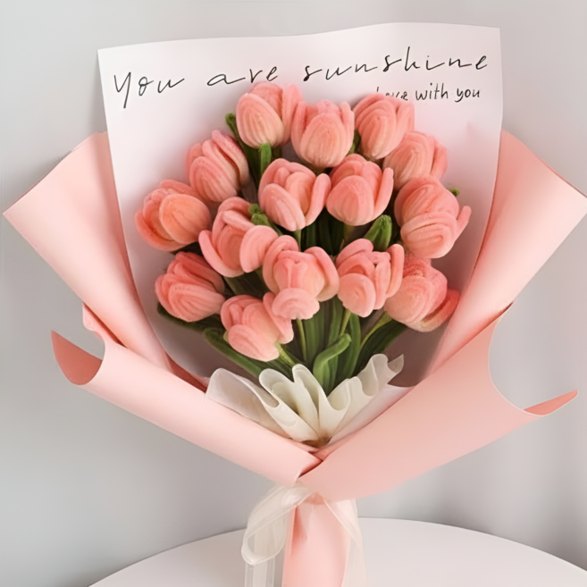 하루템 모루꽃다발 DIY 키트 핸드메이드 튤립 영구보존 인테리어 선물, 샴페인 핑크