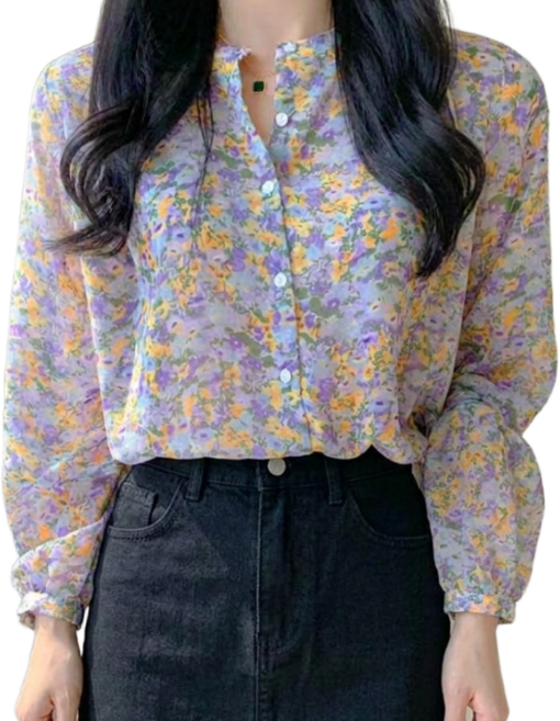 HIN 로맨틱 쉬폰 잔꽃 블라우스 롱슬리브 셔츠