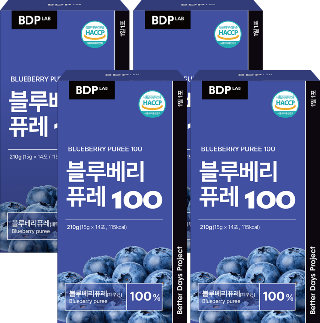 비디피랩 블루베리 퓨레 100% NFC HACCP 인증, 210g, 4개