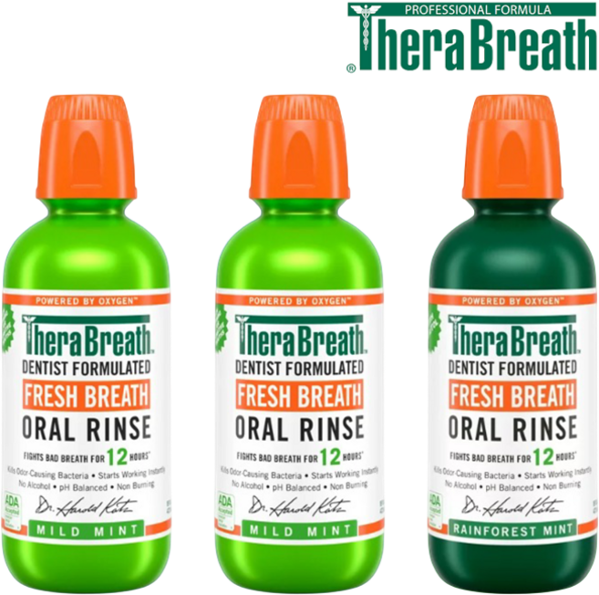 [TheraBreath] [2+1] 테라브레스 직구 구취제거 입냄새제거 가글 마일드민트 473ml 2개 + 레인포레스트 473ml 1개 TheraBreath Mouthwash, 1세트