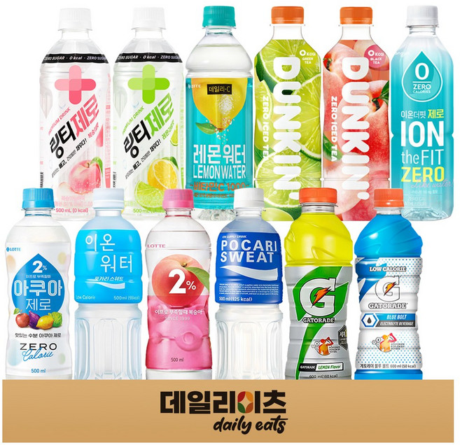 [데일리이츠] 스포츠 비타민 이온음료 페트 12종 (포카리스웨트 이프로 이프로 아쿠아제로 이온워터 링티제로 던킨아이스티제로 이온더핏제로 게토레이 데일리씨 등), 1박스, 500ml