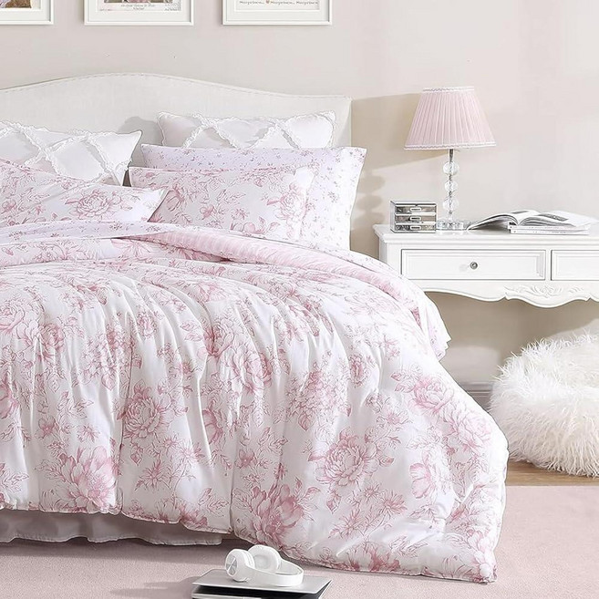 로라애슐리 Laura Ashley - 트윈 이불 세트 일 년 내내 사용할 수 있는 양면 면 침구 매칭 베개 커버가 2피스 코켓 침대 세트 (델핀 모브 핑크) 318015