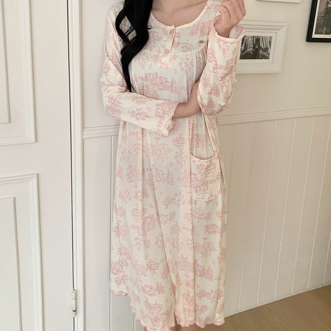 투위 봄 여름 실키 긴팔 원피스 잠옷 루즈핏 홈웨어 여성실내복